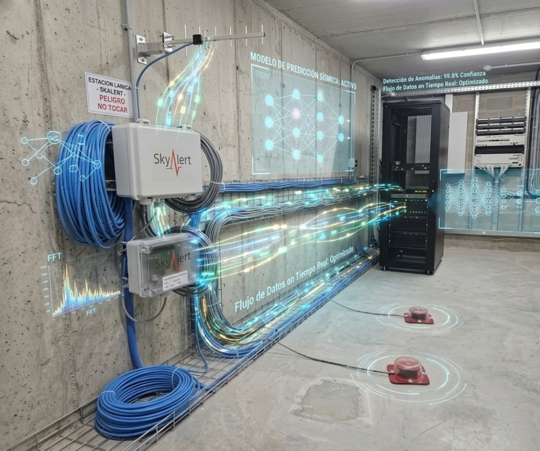 Estación sísmica SkyAlert con una visualización de su procesamiento de datos con IA